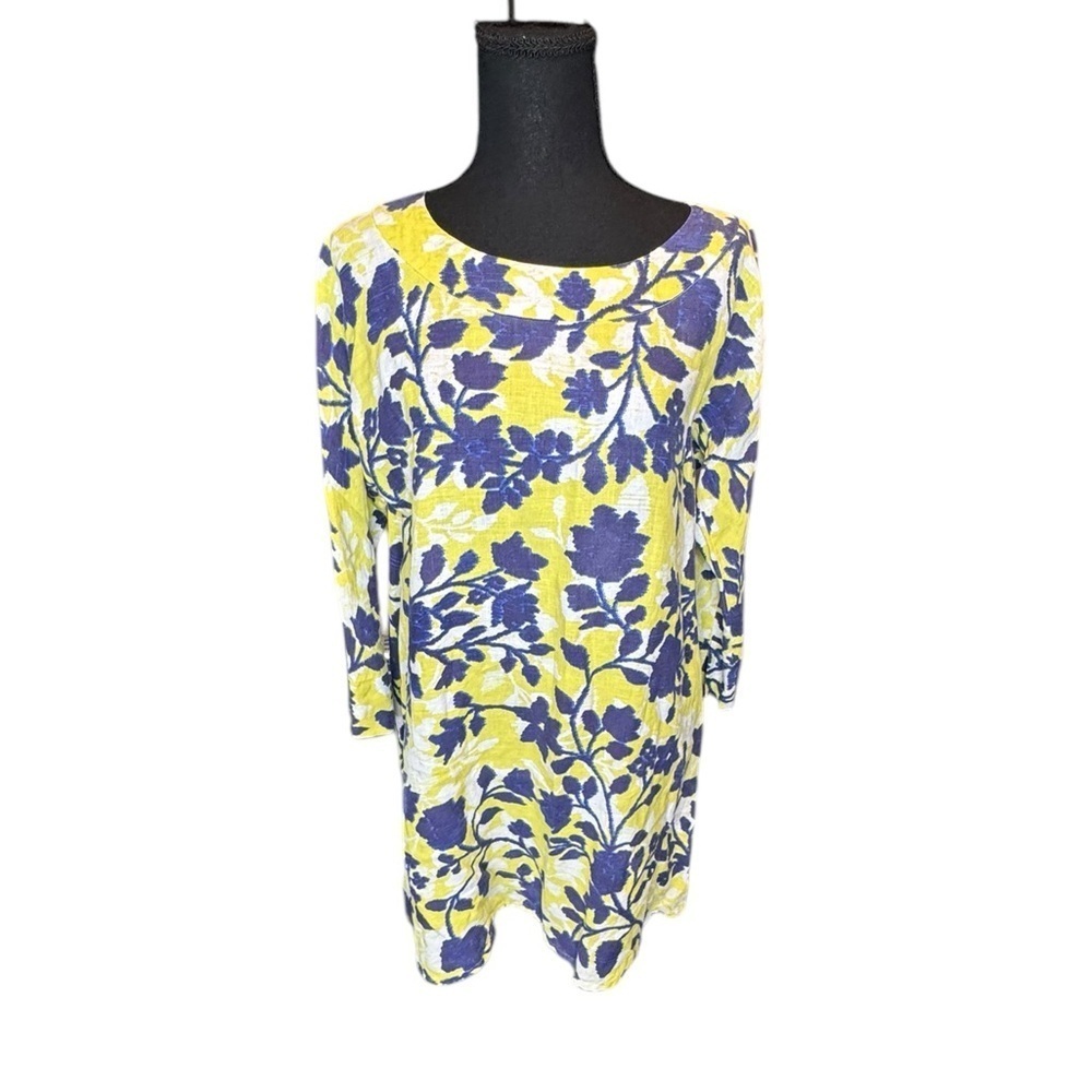 Tyler Böe Yellow Blue Floral Linen Tunic Dress Coastal Preppy Medium B199